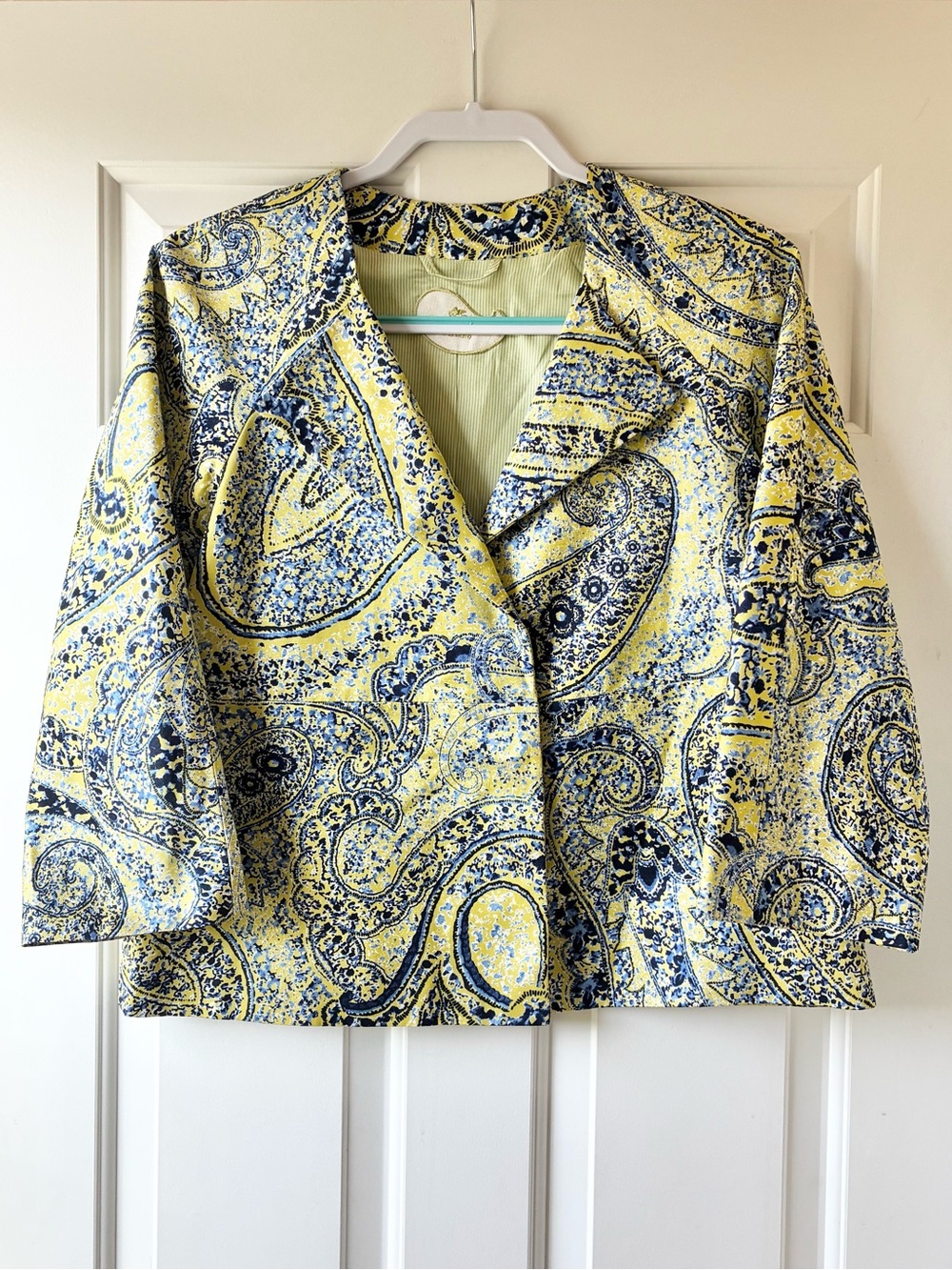 Etro Print Jacket Three-Quarter Sleeve Paisley Chartreuse Blue Size 46/US 10